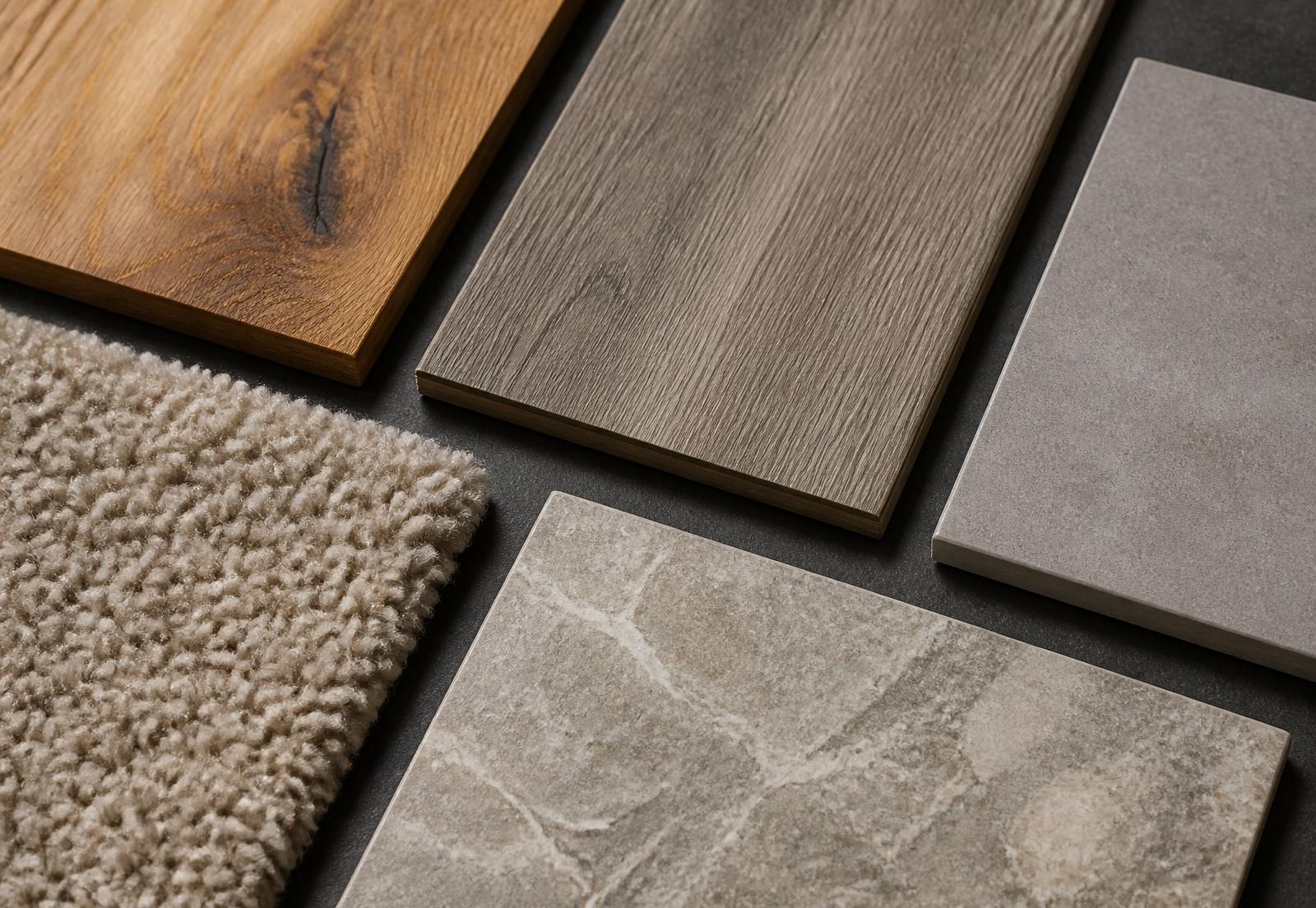 Flooring and tile samples including oak, luxury vinyl plank, porcelain tile and carpet